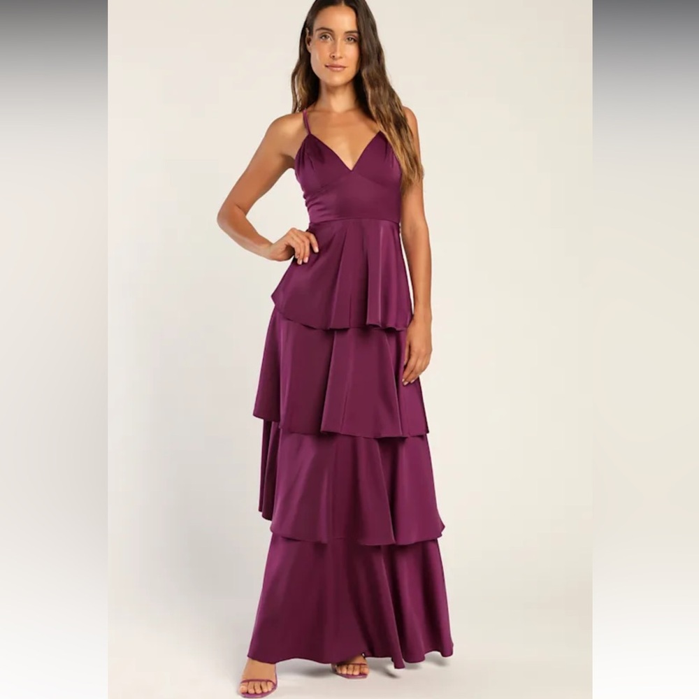 Lulus Going with Elegance Plum Purple Satin Tiered Gown